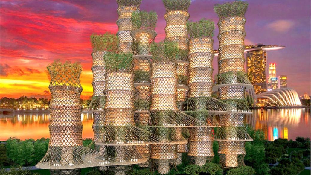 Бамбуков небостъргач се извива като спирала в облаците