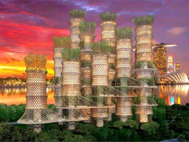 Бамбуков небостъргач се извива като спирала в облаците