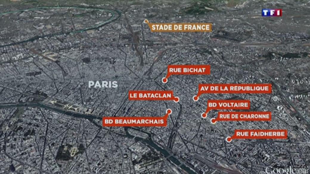 Карта на нападенията в Париж