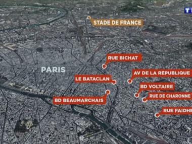 Карта на нападенията в Париж