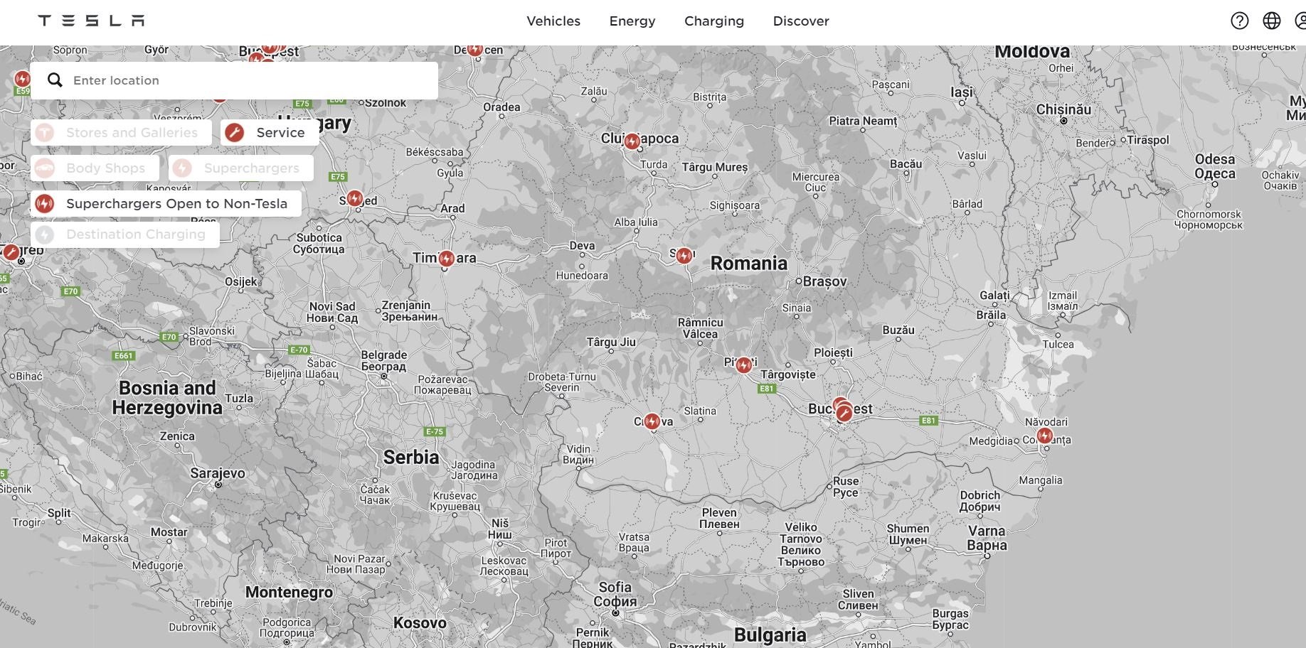 Карта на бързите зарядни станции на Tesla