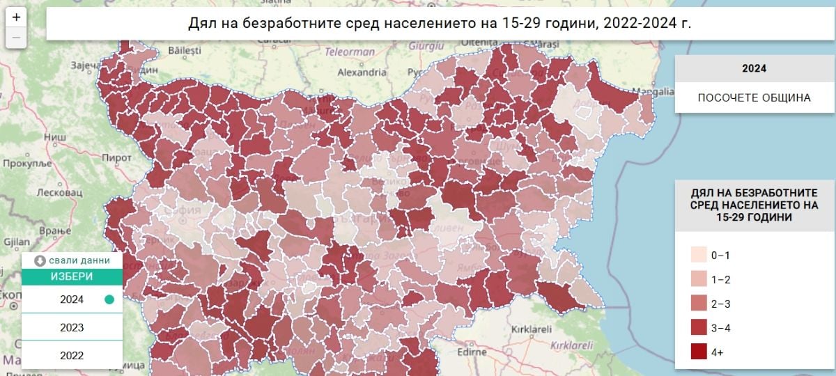 Дял на безработните сред населението на 15-29 години, 2022-2024 г.