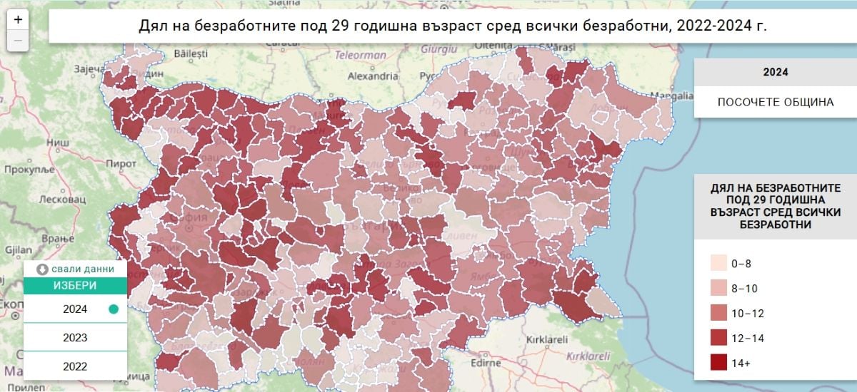 Дял на безработните под 29 годишна възраст сред всички безработни, 2022-2024 г.