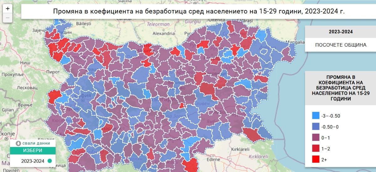 Промяна в коефициента на безработица сред населението на 15-29 години, 2023-2024 г.
