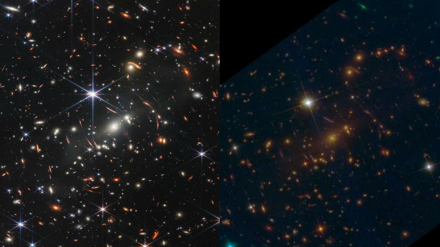 Изображението на JWST, сравнено с това на Хъбъл, на галактическия клъстер SMACS 0723